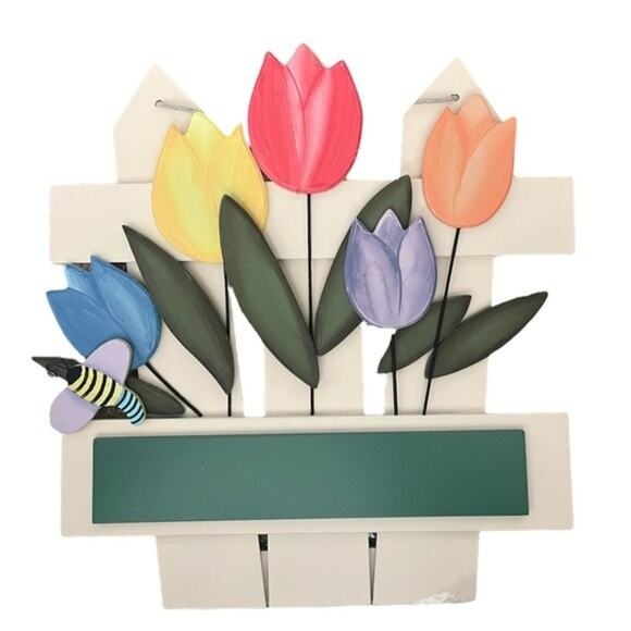 Tulip Wall Plaque multicolor wooden rope hanging NEW floral bee fence - Picture 1 of 3